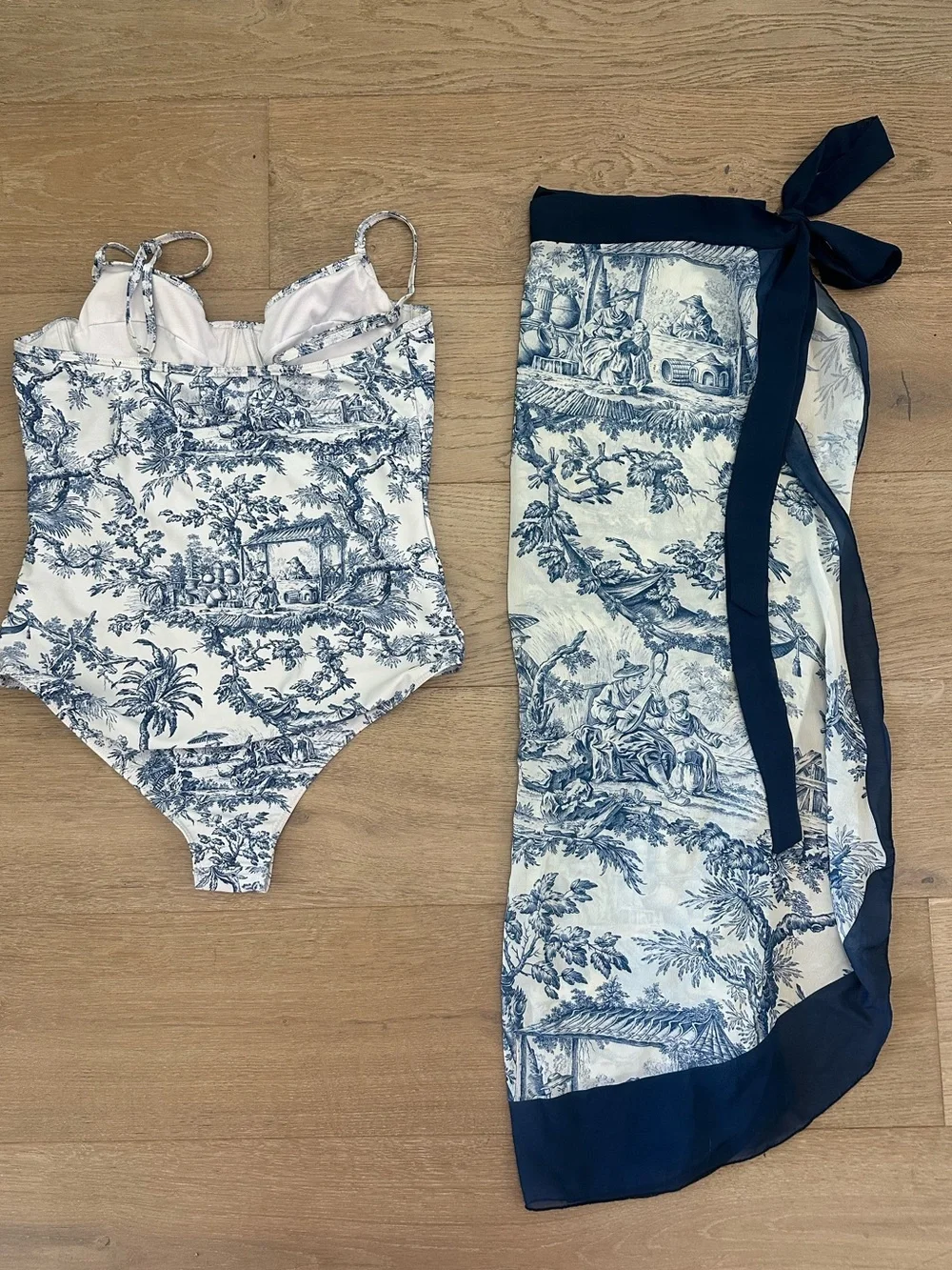 Blue & White Toile One Piece Swimsuit with Matching Sheer Sarong Cover-Up Set